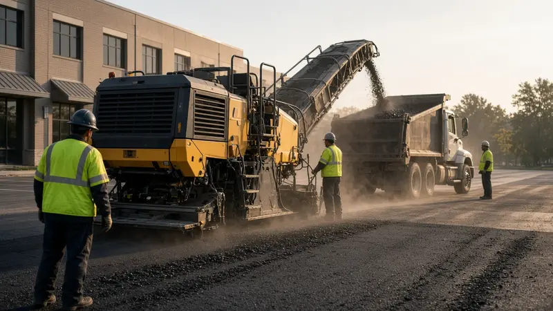 Illustration of a milling machine grinding old asphalt off a commercial lot and loading it into a dump truck