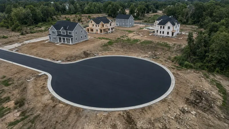 Illustration of a newly paved asphalt cul-de-sac with curbs in a new housing development under construction