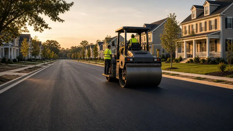 Illustration of a roller compacting fresh asphalt on a new residential street lined with houses at sunset
