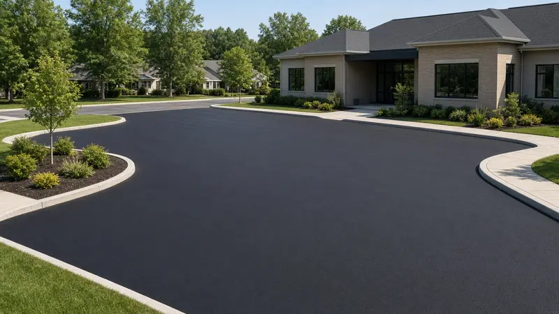 Illustration of a freshly paved asphalt parking lot with curbed islands outside a single-story office building