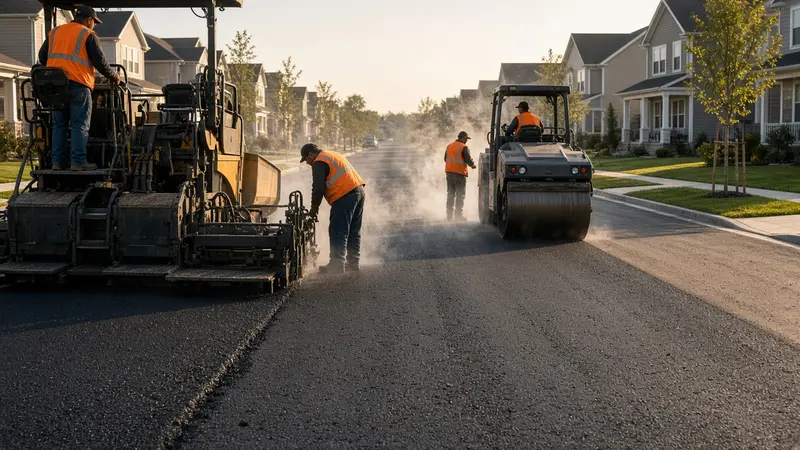 Illustration of a paving crew laying a new asphalt street through a new-home neighborhood, with a roller following the paving machine