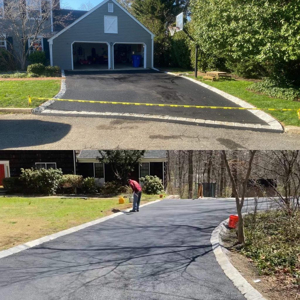 Parking lot paving completed by Dan the Paver team, with a distinct contrast between the paver stones and surrounding asphalt.